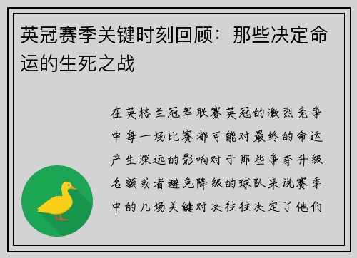 英冠赛季关键时刻回顾：那些决定命运的生死之战