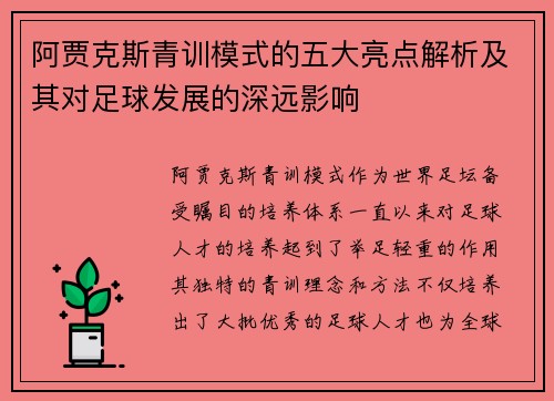 阿贾克斯青训模式的五大亮点解析及其对足球发展的深远影响 阿贾克斯青训模式的五大亮点解析及其对足球发展的深远影响