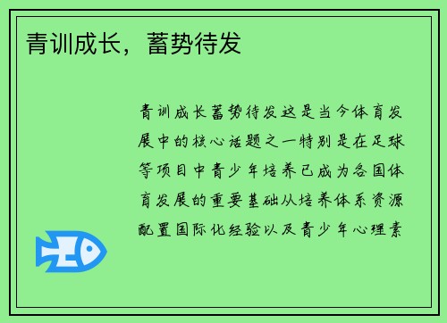 青训成长,蓄势待发 青训成长,蓄势待发